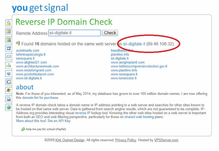 Elenco dei siti hostati sullo stesso Indirizzo IP tramite il Tool YouGetSignal