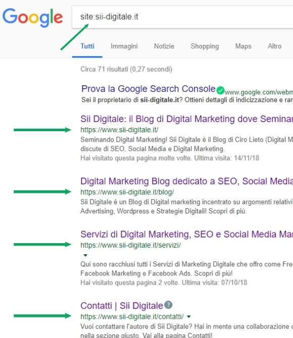 Il comando site per verificare l'indicizzazione di un sito web